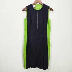 Akris Punto Navy Blue Lime Green Colorblock Zip Front Sleeveless Sheath Dress 8